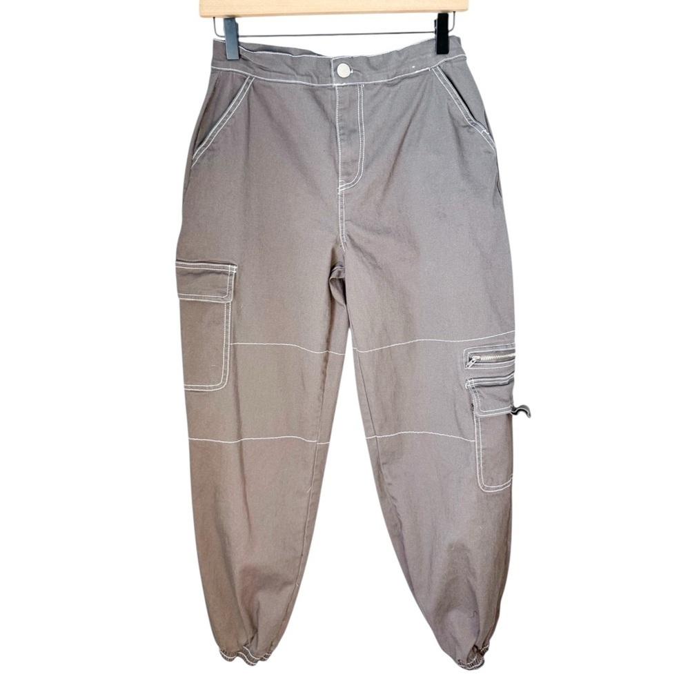 Rachel Paige Women’s Cargo Joggers Gray Cotton Contrast White Stitching Sz M